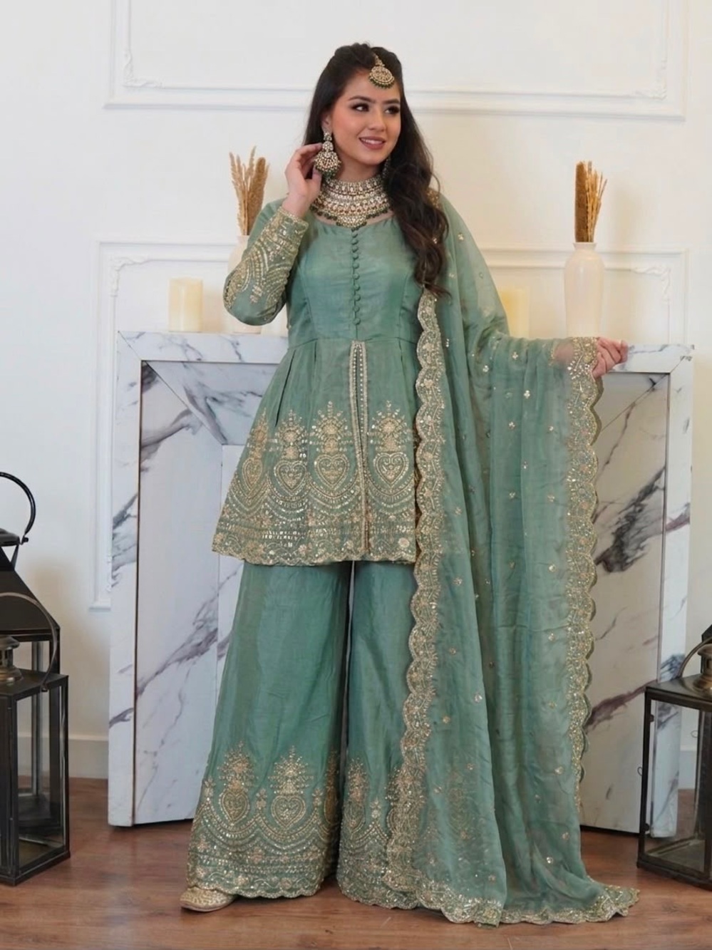 Women’s Indian Silk Designer Mirror Embroidery Sequin Work Kurta Plazzo set-M